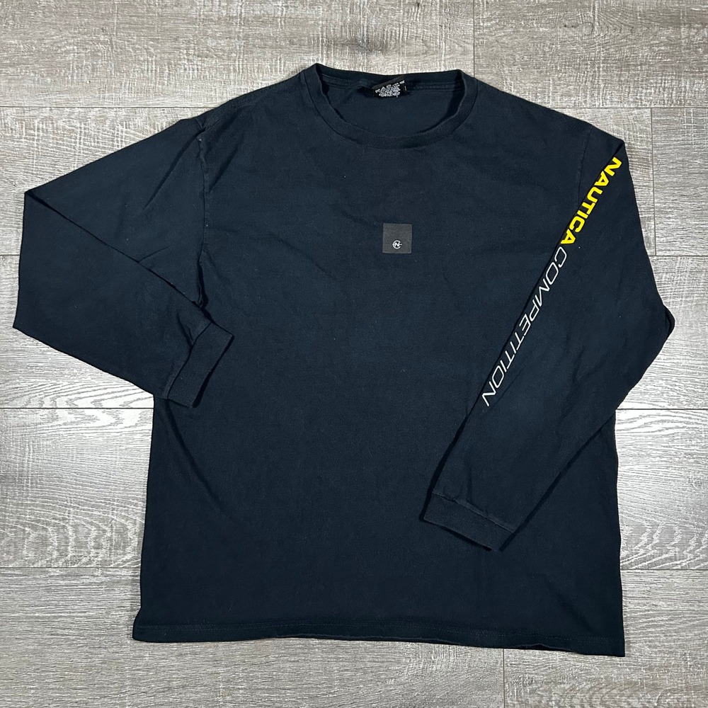 Nautica Competition Mens Black Long Sleeve Graphic T-Shirt Cotton USA Made L